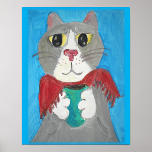 Gray Folk Art Cat mit Kaffeemaschine Poster