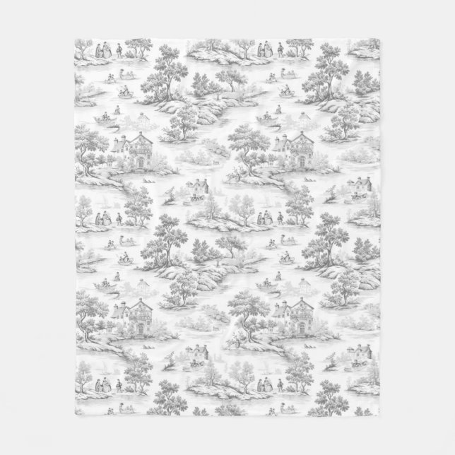 Gray French Style Toile de Jouy Romantisches Elega Fleecedecke (Vorderseite)
