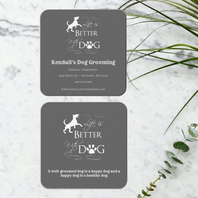 Gray Funny Quote Dog Grooming Square Business Card Quadratische Visitenkarte (Von Creator hochgeladen)