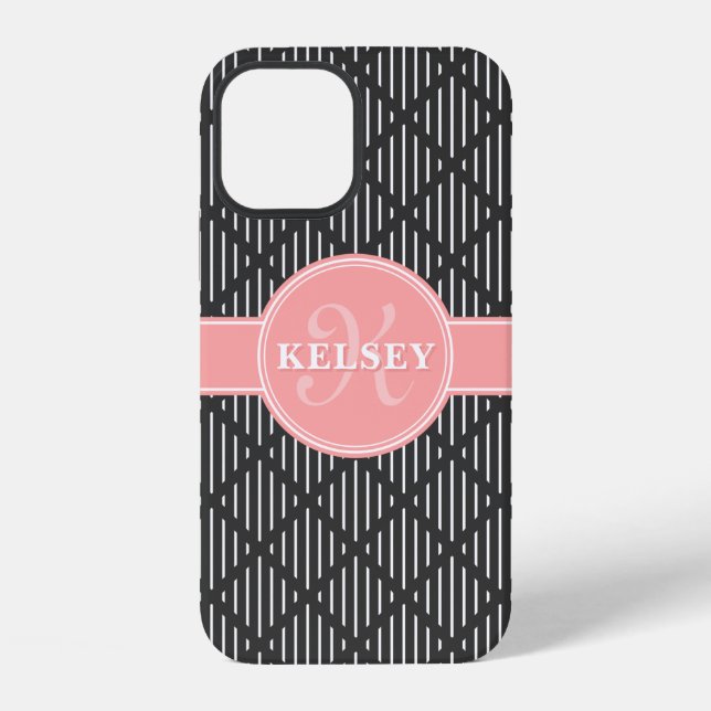 Gray Geometric Line Diamond Muster Pink Monogram iPhone Hülle (Rückseite)
