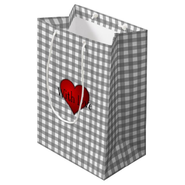 Gray Gingham Rotes Herz mit Liebe Mittlere Geschenktüte (Vorderseite Schrägansicht)