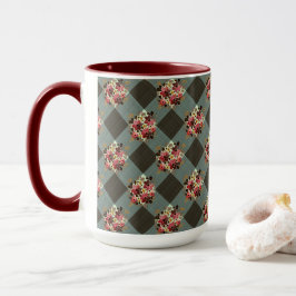 Gray Gingham und Burgund Floral Country Tasse