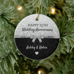 Gray Glitter And Black Damask Keramik Ornament