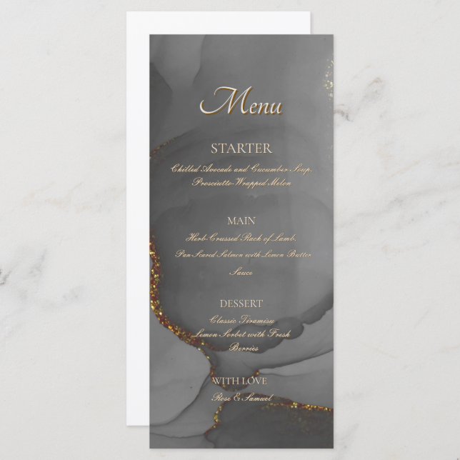 Gray Glitzer Alcohol Ink Elegantes Flachbildschirm Menükarte (Vorne/Hinten)