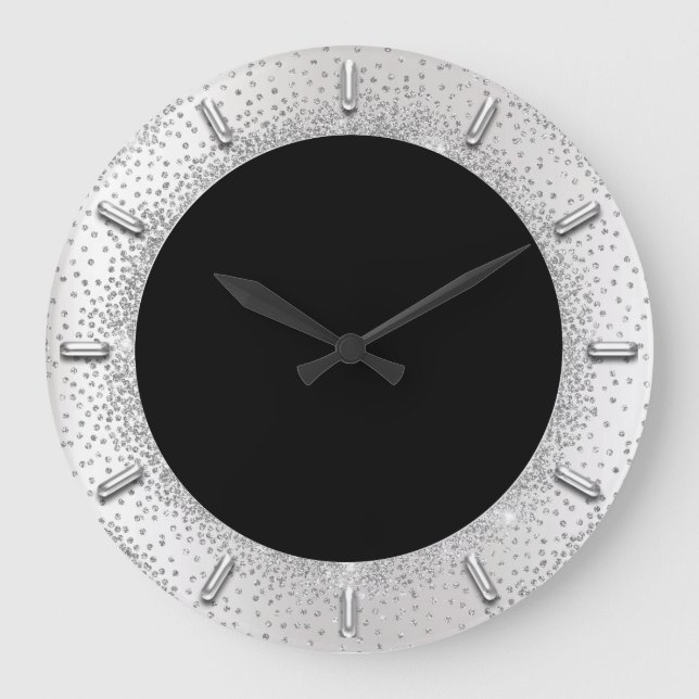Gray Glitzer Silver Gray Black Metallic Confetti Große Wanduhr (Vorderseite)