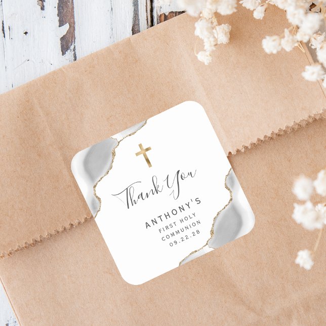 Gray Gold Agate Erste Heilige Kommune Vielen Dank Quadratischer Aufkleber (Von Creator hochgeladen)