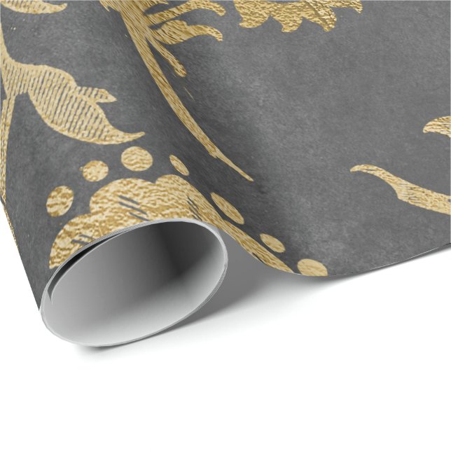 Gray Gold Big Blume Hütte Damask Graphit Geschenkpapier (Rolleneckpunkt)