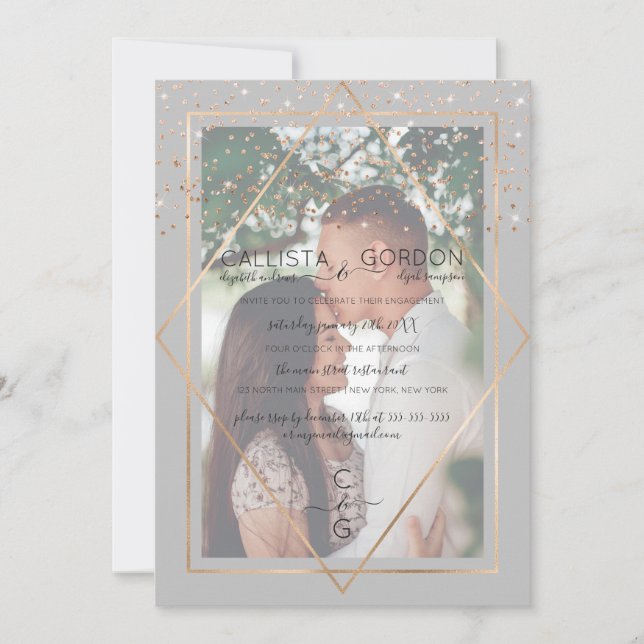 Gray Gold Confetti Border Foto Verlobung Einladung (Vorderseite)