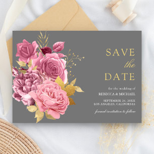 Gray Gold Dusty Mauve Pink Floral Wedding Save The Date