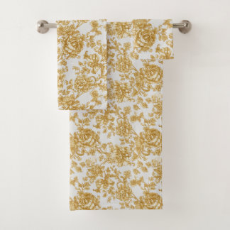 Gray & Gold Floral Damask Peony Rose Badhandtuch Set