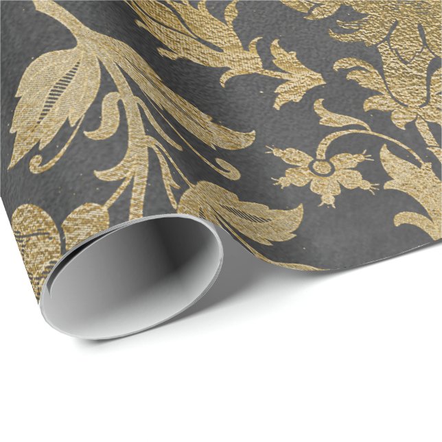 Gray Gold Floral Lilas Hütte Damask Graphit Geschenkpapier (Rolleneckpunkt)
