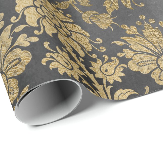 Gray Gold Floral Royal Hütte Damask Graphit Geschenkpapier (Rolleneckpunkt)
