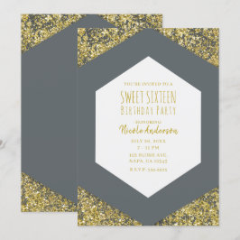 Gray & Gold Glitzer Flakes Glam Sweet 16 Party Einladung