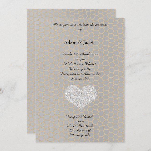Gray Gold Leopard Print Diamond Heart Wedding Einladung (Vorne/Hinten)