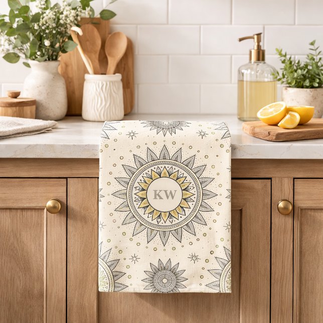 Gray Gold Mandala Pattern Monogram Geschirrtuch (Von Creator hochgeladen)