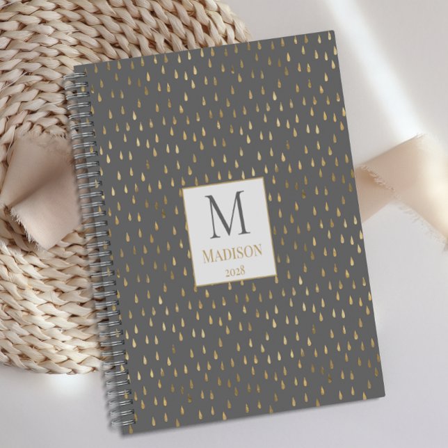 Gray Gold Raindrop Modern Trendy Monogram Planer (Von Creator hochgeladen)