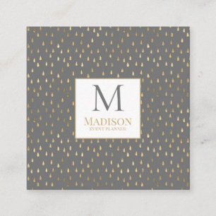 Gray Gold Raindrop Modern Trendy Monogram Quadratische Visitenkarte