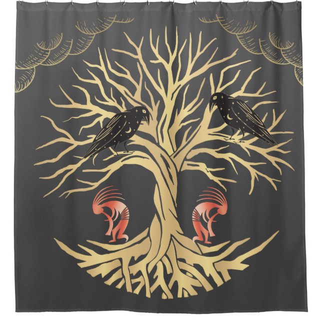 Gray Gold Ravens und Kokopelli Duschvorhang (Vorderseite)