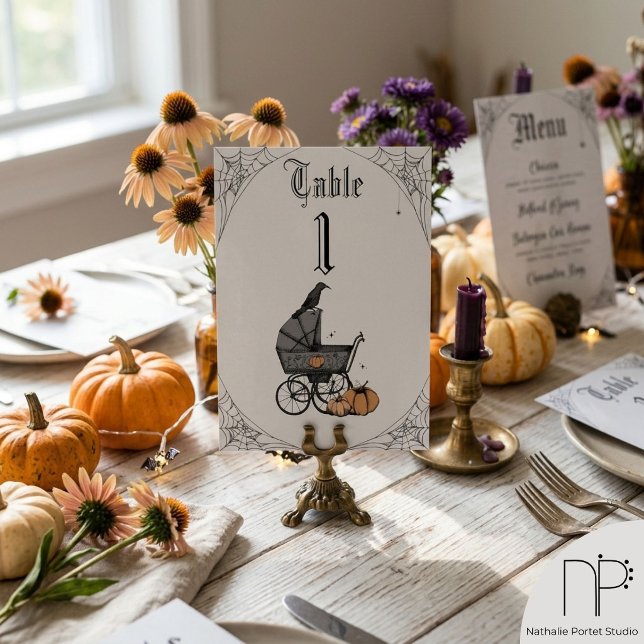 Gray Gothic Baby Shower Tischnummer (Hand drawn Halloween baby carriage table number in light gray with a chic noir aesthetic)