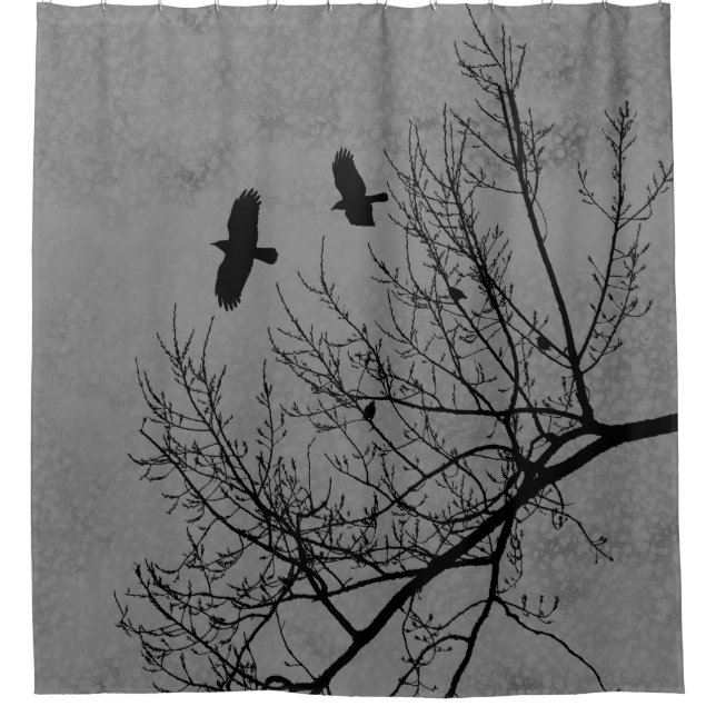 Gray Gothic Crows and Trees Landschaft Duschvorhang (Vorderseite)