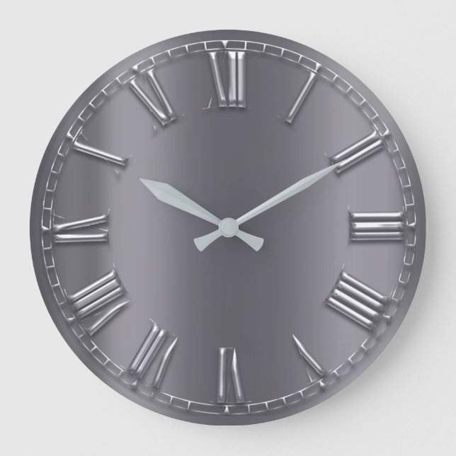 Gray Graphite Metallic Silver Gray Roman Numbers Große Wanduhr (Vorderseite)