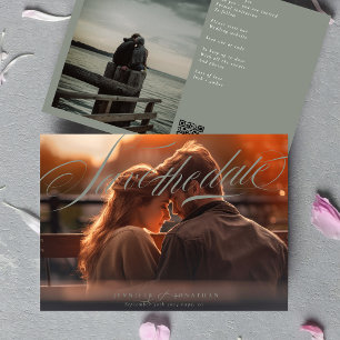Gray Green Classic Elegant QR Code Foto Wedding Save The Date