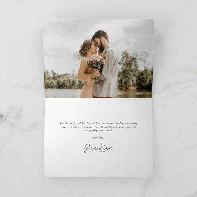 Gray Green Elegant Script Wedding Foto+Message Dankeskarte (Innenseite)