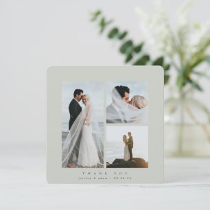 Gray-Green Elegant Square Drei Foto Hochzeitsflat Dankeskarte