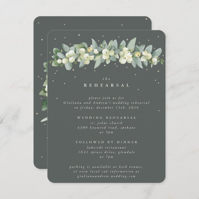 Gray Green Snowberry+Eucalyptus Wedding Probe Begleitkarte (Vorne/Hinten)