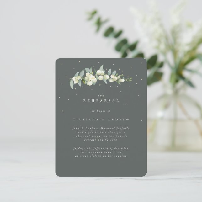 Gray Green Snowberry+Eucalyptus Wedding Probe Begleitkarte (Stehend Vorderseite)