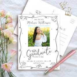Gray Hand Drawn Doodles Save the Date Grad Photo Einladungspostkarte