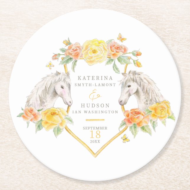 Gray horses and yellow roses monogrammed wedding runder pappuntersetzer (Vorderseite)