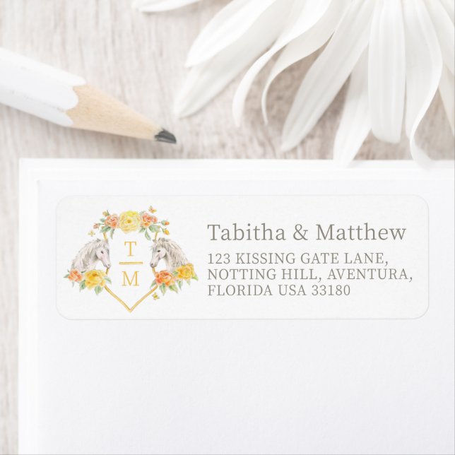 Gray horses yellow coral roses monogram wedding (Insitu)