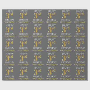 Gray, Imitate Gold "HAPPY 3. BIRTHDAY" Geschenkpapier