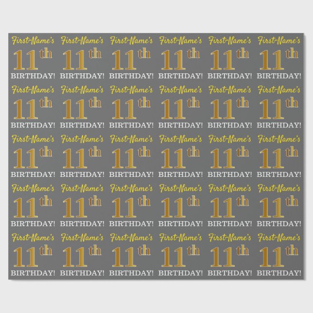 Gray, Imitation Gold Look "11. BIRTHDAY" Geschenkpapier (Flach)
