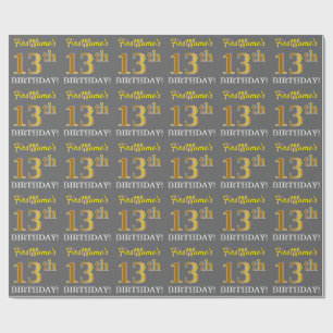 Gray, Imitation Gold Look "13. BIRTHDAY" Geschenkpapier
