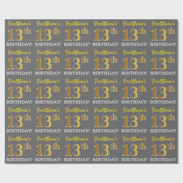 Gray, Imitation Gold Look "13. BIRTHDAY" Geschenkpapier (Flach)