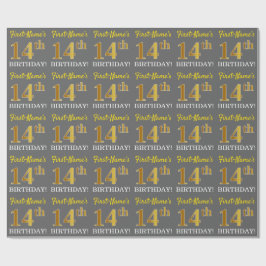 Gray, Imitation Gold Look "14. BIRTHDAY" Geschenkpapier