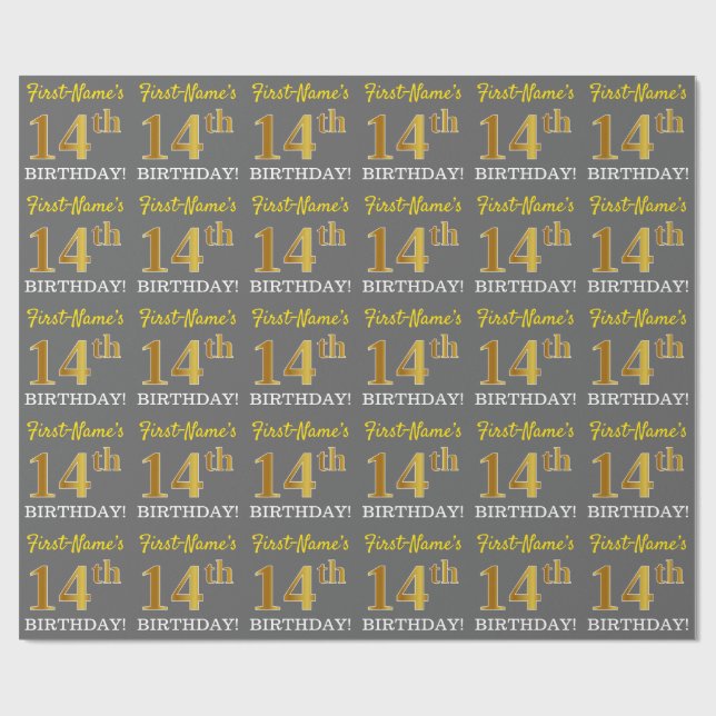 Gray, Imitation Gold Look "14. BIRTHDAY" Geschenkpapier (Flach)