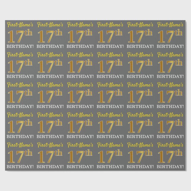 Gray, Imitation Gold Look "17. BIRTHDAY" Geschenkpapier (Flach)