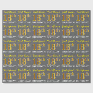 Gray, Imitation Gold Look "18. BIRTHDAY" Geschenkpapier