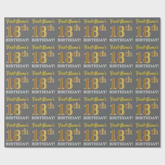 Gray, Imitation Gold Look "18. BIRTHDAY" Geschenkpapier (Flach)