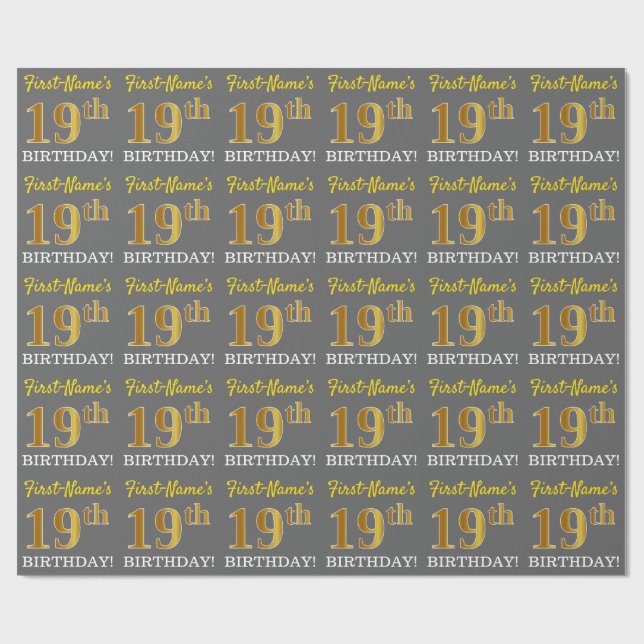 Gray, Imitation Gold Look "19. BIRTHDAY" Geschenkpapier (Flach)