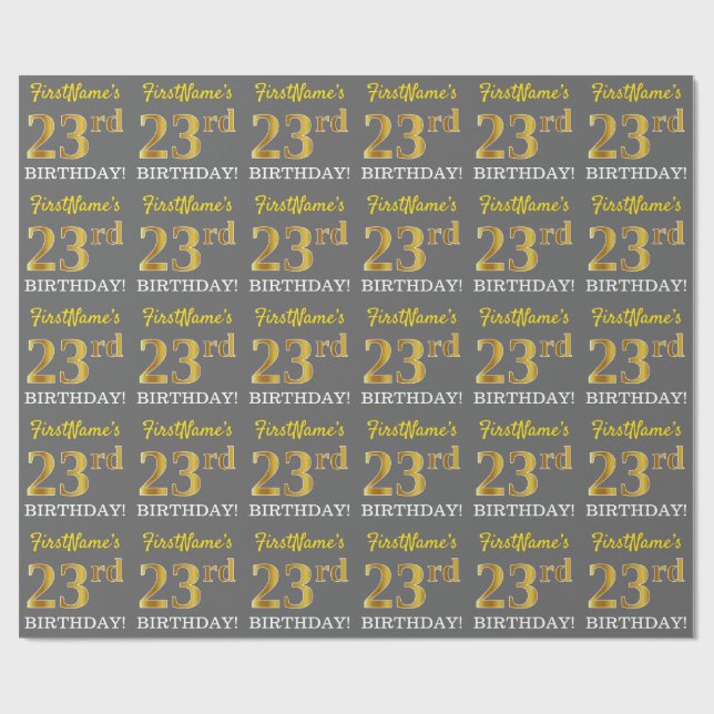 Gray, Imitation Gold Look "23. BIRTHDAY" Geschenkpapier (Flach)