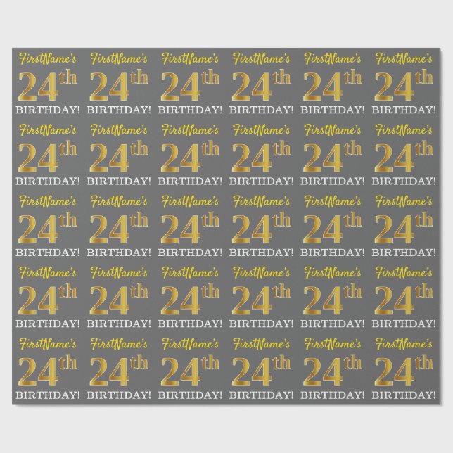Gray, Imitation Gold Look "24. BIRTHDAY" Geschenkpapier (Flach)