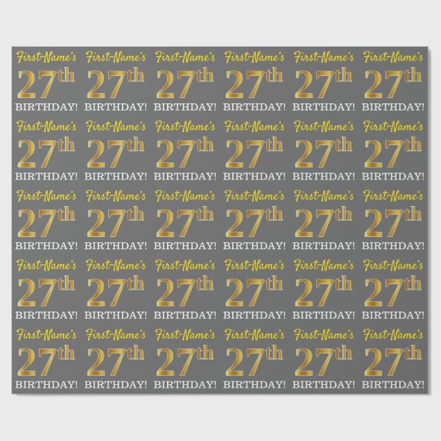 Gray, Imitation Gold Look "27. BIRTHDAY" Geschenkpapier (Flach)