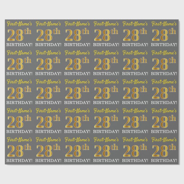 Gray, Imitation Gold Look "28. BIRTHDAY" Geschenkpapier (Flach)