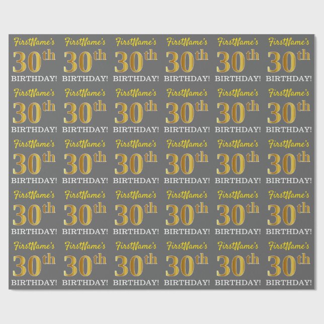 Gray, Imitation Gold Look "30. BIRTHDAY" Geschenkpapier (Flach)