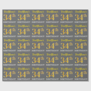 Gray, Imitation Gold Look "34. BIRTHDAY" Geschenkpapier