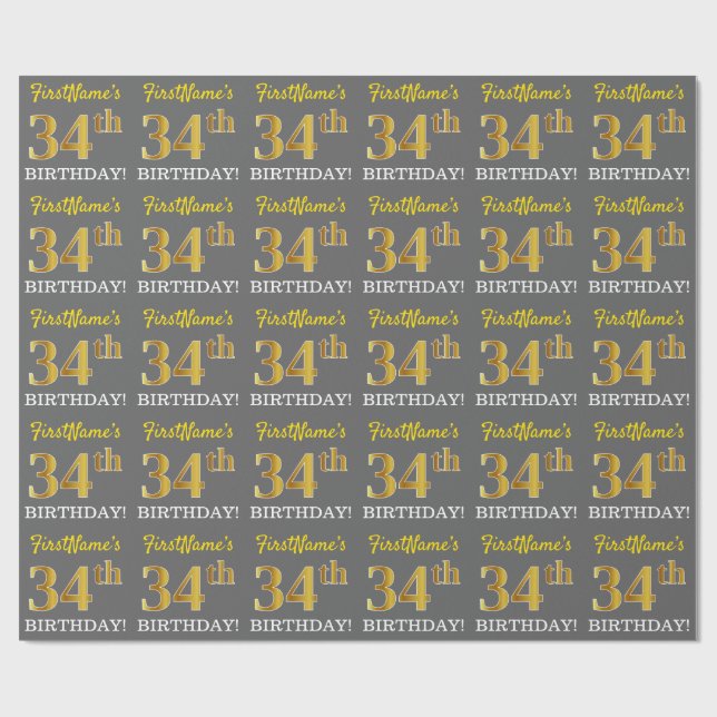 Gray, Imitation Gold Look "34. BIRTHDAY" Geschenkpapier (Flach)